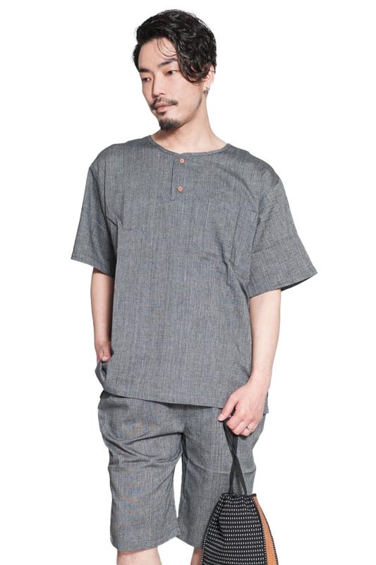 [たゆたふ] 甚平 メンズ パジャマ 夏 父の日 綿麻 おしゃれ 男性 かっこいい プレゼント ギフト ヘンリーネック 部屋着 寝間着 入院 お祭り 花火大会 上下セット 半袖 涼しい 大きいサイズ 小