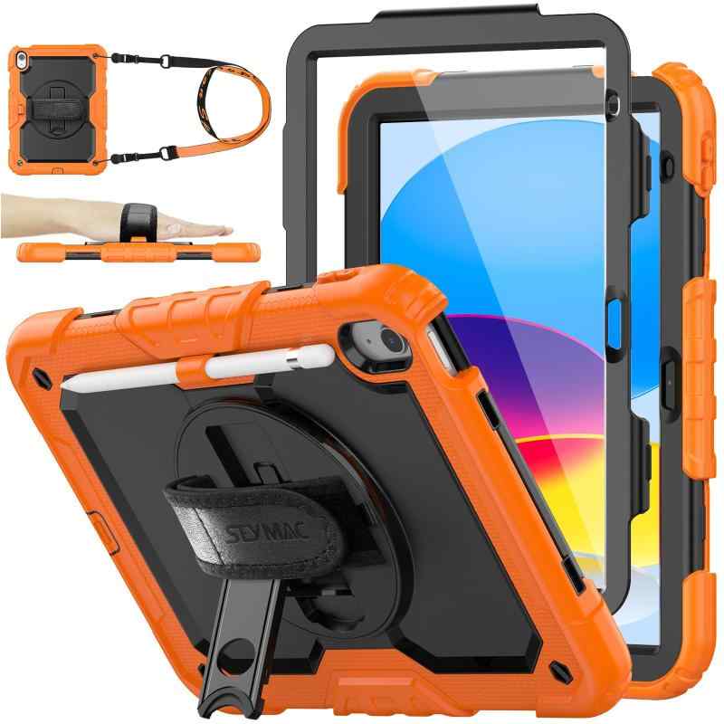 SEYMAC stock iPad(A16) 第11世代/第10世代専用ケース 耐衝撃 ペンホルダー フィルム付き前面カバー 横置き縦置きスタンド 360度回転ハンドストラップ ショルダーストラップ付き