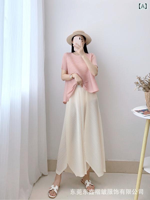 カジュアルパンツ レディース プリーツパンツ キュロットパンツ ワイドパンツ ガウチョ スカーチョ ロングパンツ ボトムス ハイウエスト ウエストゴム 伸縮性 ストレッチ 快適 涼しい 裾斜めカット 花瓣 乳白 黒 天藍