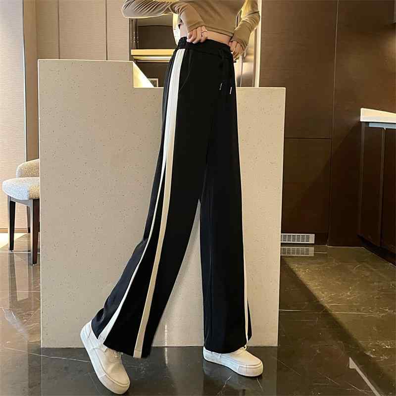 カジュアルパンツ レディース ワイドパンツ スウェットパンツ イージーパンツ ロングパンツ ボトムス ズボン 女性用 松緊高腰 伸縮性あり 薄手 ストレッチ 裾スリット ウエストゴム ハイウエスト 着痩せ 細見え 普段使い 通学 黒