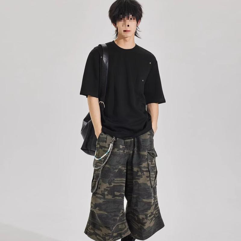 Tシャツ メンズ 短袖 夏 綿 ゆったり 丸首 落肩袖 透気性 薄手 黒 グレー 幾何学柄 キラキラ加工 免烫 青少年 成人 男性用 トップス ポケット リベット ルーズフィット カジュアル 普段使い 軽量 ゆったりシルエット 通気 綿素材 シンプル 無