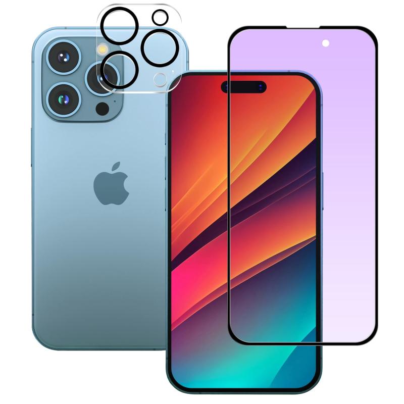 【ブルーライトカット】iPhone15ガラスフィルム (1枚)＋ iPhone15カメラフィルム(1枚)【旭硝子素材製 - 2枚入り】iphone15液晶 画面保護シート 3D炭素繊維 全面保護 視力保護 硬度9H 飛散防止 自动吸