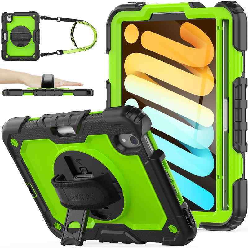 SEYMAC stock iPad mini 7/mini 6専用ケース 耐衝撃 ペンホルダー フィルム付き前面カバー 横置き縦置きスタンド 360度回転ハンドストラップ 肩掛けショルダーストラップ付きmini A17 Pro