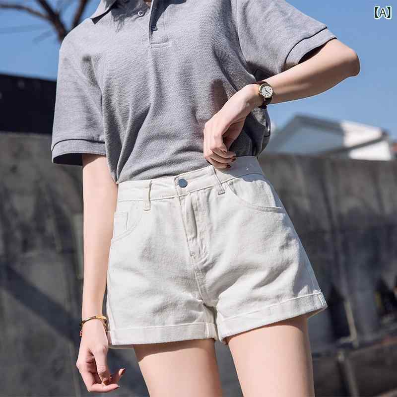 ショートパンツ レディース デニムパンツ 短パン ハーフパンツ ジーンズ ジーパン ボトムス 高腰 ハイウエスト 広幅 ワイド 緩め カジュアル 綺麗 Aライン 細見え 裾折り返し ウォッシュ加工 ファスナー ボタン ホワイト ブラック 深青