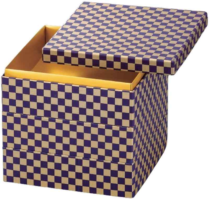 J-kitchens 行楽弁当箱 （ 弁当箱 ） 日本製 3段 6.5寸 和 紙 紫紺金市松 20.0cm x 20.0cm x 17.6cm