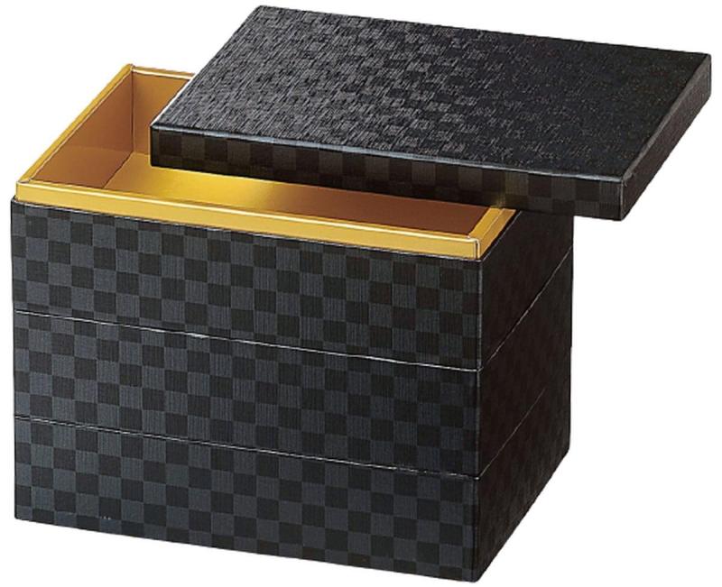 Rakuten - J-kitchens 行楽弁当箱 （ 弁当箱 ） 日本製 3段 7寸 長角 紙 重ブラック市松 20.5cm x 14.5cm x 16.8cm