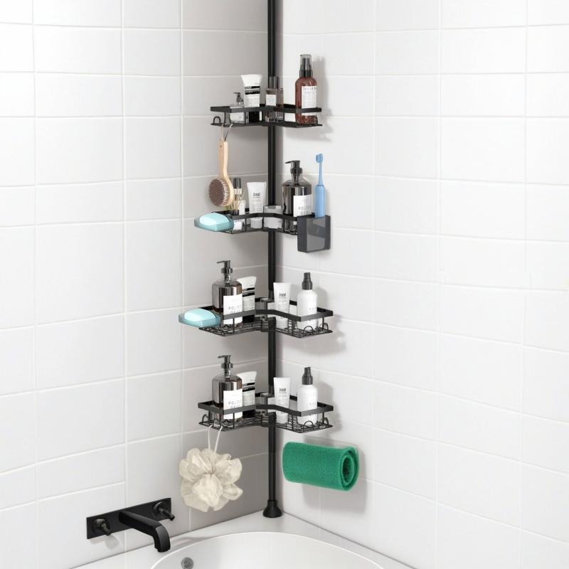 コーナーシャワーキャディテンションポール、109～307cm調節可能バスルームオーガナイザー棚、防錆加工、4段、小さなバスルーム用、床置きバスラックホルダー - ブラック