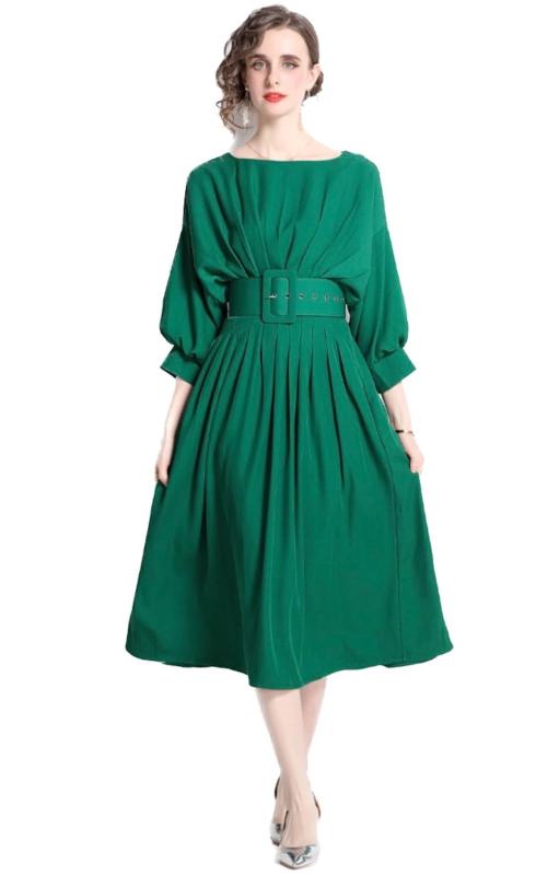 [EightSTAR Dress] パーティードレス 袖あり 結婚式 ドレス 二次会 ゆったりミモレ きれいめワンピース Aライン 体型カバー 大人 お呼ばれ セレブ 20代 30代 40代