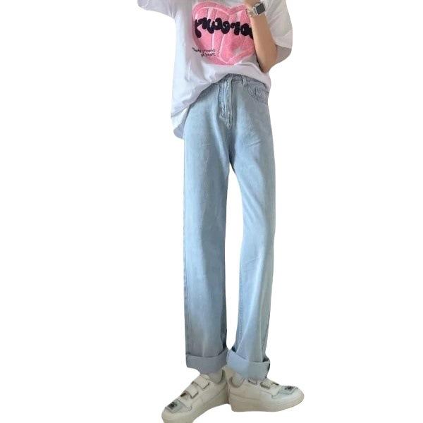 ジーンズ レディース デニムパンツ ジーパン 長ズボン ボトムス ハイウエスト 伸縮性 微弾 コットン 綿 レトロ ヴィンテージ風 ストレート ワイドパンツ ルーズフィット 脚長効果 着痩せ 百札 通勤 通学 ホワイト 復古ブルー ライトブルー