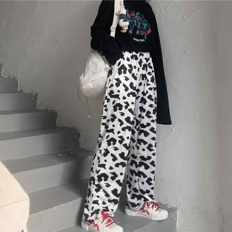 乐天商城 - カジュアルパンツ レディース ボトムス ズボン ストレートパンツ ルームウェア 部屋着 パジャマ カウ柄 牛柄 ゼブラ柄 アニマル柄 ハイウエスト ゴムウエスト 切り替え ロング丈 長ズボン 伸縮性 ポリエステル レトロ 港風 韓国風