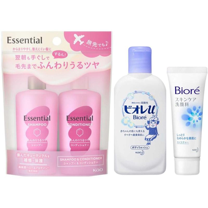 【トラベルセット3種】花王 エッセンシャル シャンプーコンディショナー (ふんわりうるツヤ) ミニセット（45mL+45mL)+ビオレ ミニ ボディウォッシュ（90mL）+ビオレ スキンケア洗顔料 モイ