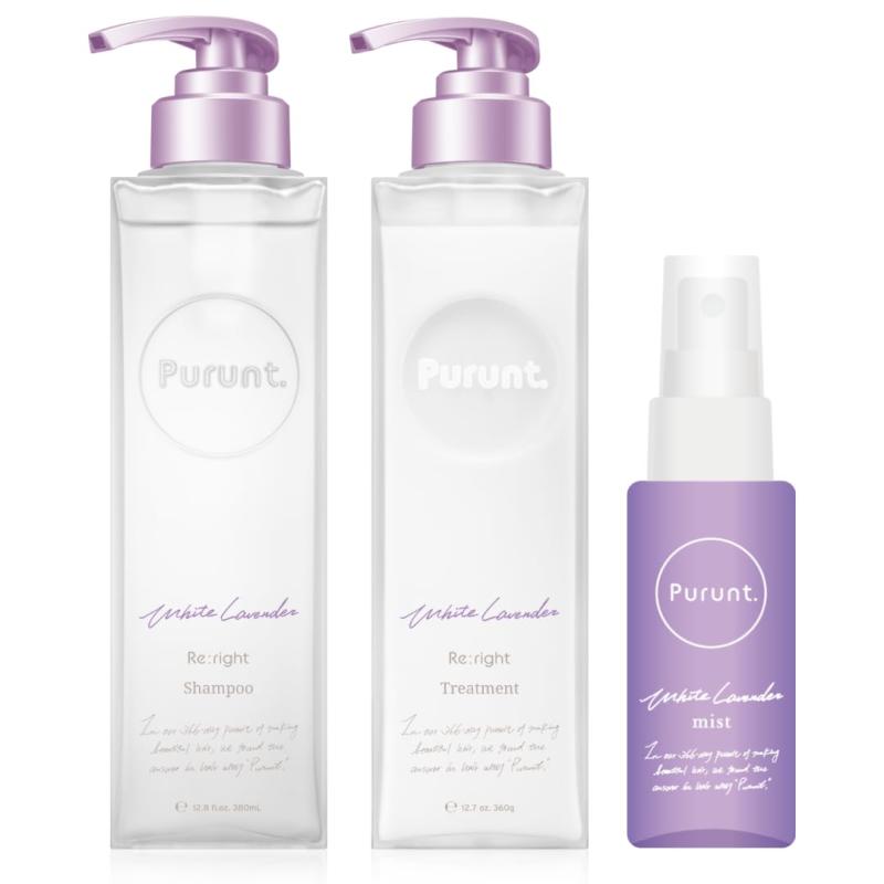 プルント リライトペアセット ホワイトラベンダー ミストセット 380mL/360g(1)スキンケア発想〜髪と地肌、隙なし3段階再整ケア〜 「整える＋補う・守る＋集中ケア」 (2)96%以上美容液成分＋密度UP成分＊11 (3)【シャンプー】肌バリアケア成分　セラミド2＆フラーレン　うるおいをキープしながらやさしく汚れを除去し、頭皮バランスをケア。【トリートメント】キューティクルケア成分　ゼイン 髪表面のキューティクルを補修・保護し、キメ・ツヤを再整。 *1 基剤を除く、水を含む（シャンプー）／水を含む（トリートメント）　1 ジマレイン酸プロピレンジアンモニウム、レブリン酸（全て補修）　2 セラミドAP、セラミドNP（全て保湿）　3 γ-ドコサラクトン（補修）