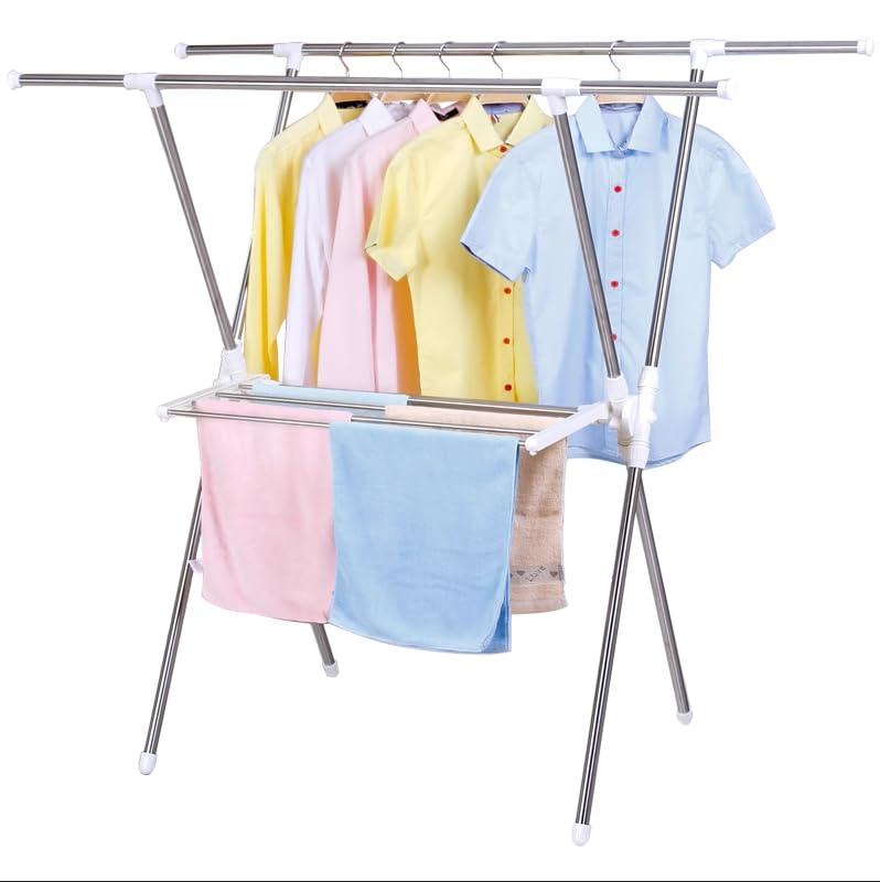 洗濯物干しスタンド 組み立て簡単 ふとんも干せるタオルハンガー付きコンパクト洗濯物干し 約5人分 幅約94*145×奥行約65×高さ約135cm ステンレス製