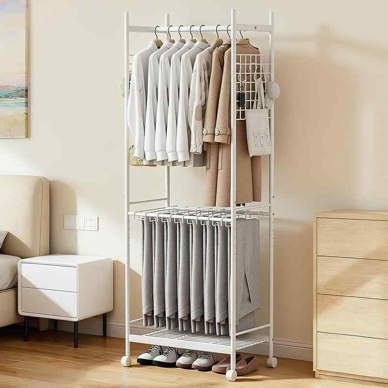 JSUSUJ ハンガーラック 2段 幅70 洋服ラック スリム キャスター付 高さ調節可 ズボンハンガー8本付 スラックスハンガーラック 衣類ラッ ク 頑丈 アジャスター付 フック付 洋服掛け 衣装ラッ