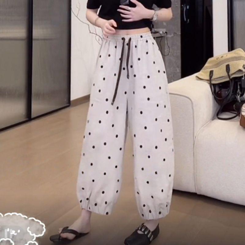サルエルパンツ レディース ハーフパンツ 9分丈 ズボン ボトムス ゆったり 大きいサイズ カジュアルパンツ 運動 楽ちん ウエストゴム 高腰 ハイウエスト ドット柄 水玉 総柄 ポリエステル 普段使い 通学 通勤 オフィス