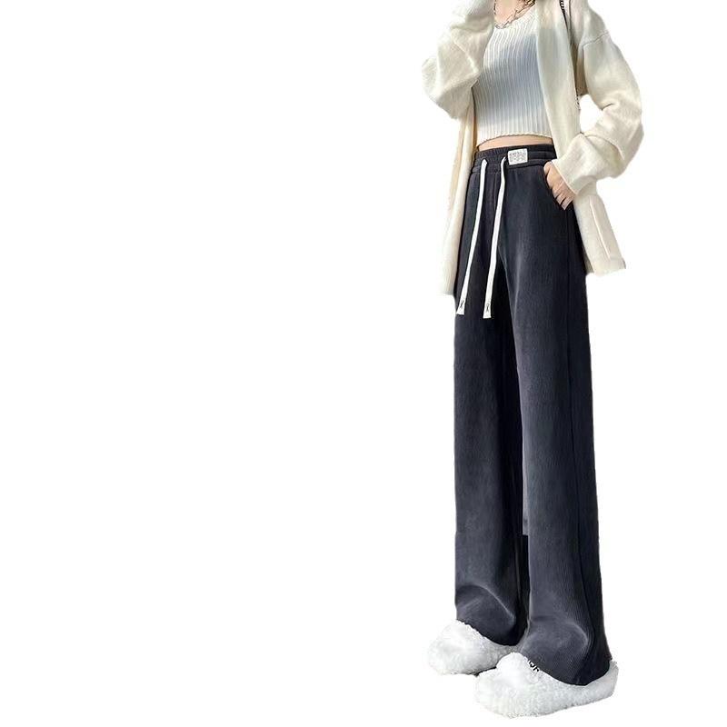 乐天商城 - 直筒パンツ レディース ボトムス ズボン ロングパンツ 長ズボン 裏起毛 厚手 防寒 暖かい 伸縮性 ストレッチ ポケット付き ウエストゴム コーデュロイ シェニール 高級感 楽ちん 着痩せ 細見え ブラック グレー 杏