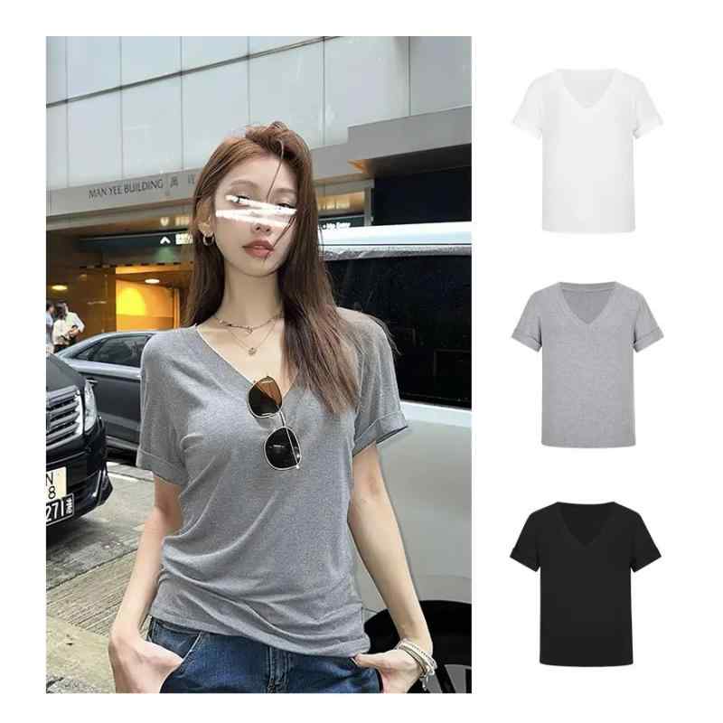 Tシャツ レディース 半袖 Vネック 無地 グレー ベーシック スリムフィット 着痩せ シンプル きれいめ カジュアル トップス 着回し デイリー 伸縮性 春夏 細見え 肌触り良い コットン混 柔らかい 通勤 通学 普段使い コーデ オフィス 仕事用 remake-buddy-10820509 リメイクバディー パッケージ画像