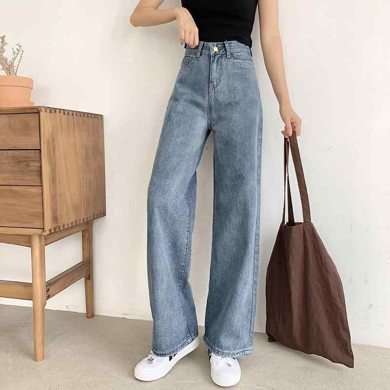 樂天商城 - ジーンズ レディース デニム パンツ ジーパン ズボン 阔脚パンツ ワイドパンツ ストレートパンツ フルレングス ハイウエスト 着痩せ 細見え 落ち感 美脚 ダメージ クラッシュ ボタン カジュアル 韓国風 綿混 コットン混 ブルー ブラック