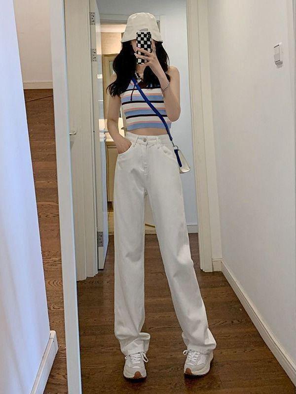 ジーンズ レディース デニムパンツ ジーパン ロングパンツ ストレートパンツ ワイドパンツ 長ズボン ハイウエスト 白 黒 綿 コットン 薄手 ボトムス ズボン カジュアル 街頭風 ロック風 通学用 普段使い スッキリ