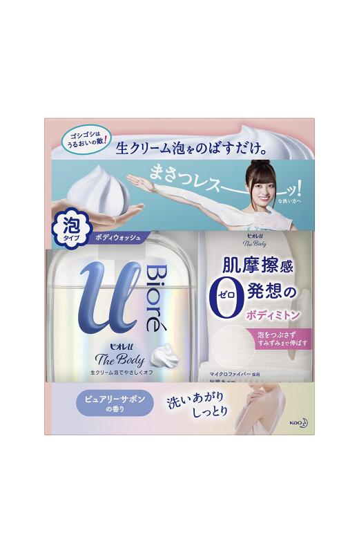 ビオレu ザ ボディ 〔 The Body 〕 泡タイプ ピュアリーサボンの香り ポンプ 540ml 泡タイプ用 ボディミトン セット 「高潤滑処方の生クリーム泡」 ボディソープ 清潔感のあるピュアリーサボ
