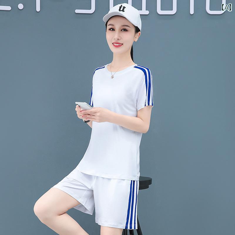 セットアップ レディース 上下セット 半袖 Tシャツ ハーフパンツ 接触冷感 カジュアル スポーツウェア ルームウェア 部屋着 運動着 ランニングウェア ジャージ 薄手 涼しい ゆったり 幾何学模様 ホワイト グレー ブラック