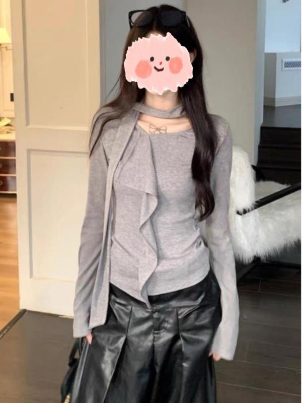 カットソー レディース トップス シャツ ブラウス 春秋 長袖 フリル 立ち襟 リボン タイ ボウタイ スリム インナー プルオーバー 重ね着 無地 上品 きれいめ カジュアル オフィス 通勤 通学 デート 服