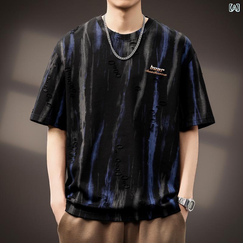 Rakuten - メンズ Tシャツ 短袖 半袖 トップス 男性用 夏 夏季 春夏 迷彩柄 国風 水墨 提花 破洞 デザイン 落肩袖 袖 丸首 ルーズ ゆったり 大きいサイズ ビッグシルエット ポリエステル コットン 綿 スパンデックス ストレッチ 耐摩耗 免アイロン 日常