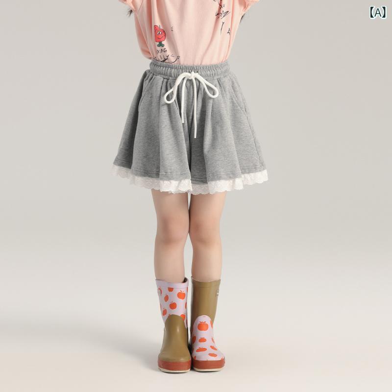乐天商城 - キュロット 女児 女の子 キッズ レース スエットパンツ ショートパンツ インナー付き チュール ギャザー ズボン パンツ 綿 コットン ウエストゴム 運動着 スポーツ 部屋着 カジュアル グレー 灰色