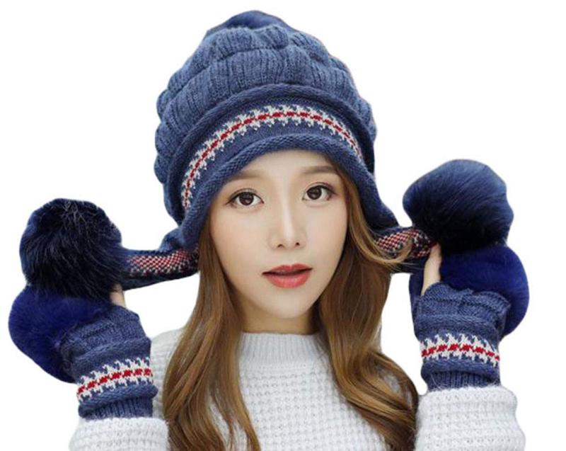 [Gergeous] レディース ニット帽子 ケーブル ポンポン 手袋 ニットキャップ 冬物 防寒対策 雪遊び あったか ニット帽
