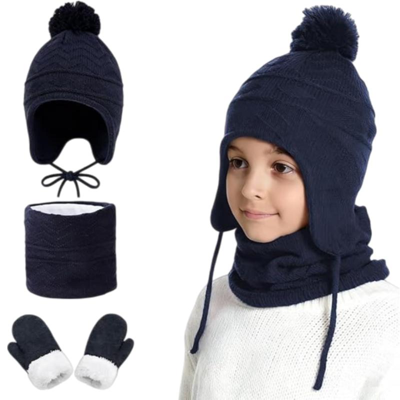 [ITODA] 3点セット 4〜6歳子供 耳あて付きニット帽 ネックウォーマー 手袋 秋冬 女の子 男の子 帽子 グローブ ふわふわ あったかい キッズ ニットキャップ お出かけ アウトドア スキー スポー帽子、スカーフ、手袋を備える3点セ...