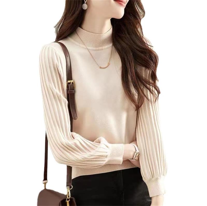 [Aboniton] ニット セーター 長袖 上品 着回し シンプル おしゃれ きれいめ 秋 冬 インナー トップス レディース パフスリーブ エレガント カジュアル ハイネックニット着痩せ (Free Size, ベージ