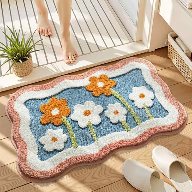 VDVSPMPN バスマット 速乾 足拭きラグ お風呂マット 滑り止め 洗面所マット 厚手吸水 足ふき 玄関 かわいい花柄 バスマット ふわふわ 洗える 柔らか肌触り 抗菌 おしゃれ 丸洗い可能 脱衣所 浴「肌触り抜群の柔らかさ」足拭きマットの表地は高密度の肌触り抜群の毛足が20mmの長いポリエステルに作られて、ふわふわで柔らかい繊維が足元を優しく包み、足に心地よく与え、簡単に摩耗にくく、冬は暖かい感じがし、夏にもさらさらで快適、一年中に使えます。「吸水性と速乾性が優れた風呂マット」バスマットの表面は可愛い小花ような濃密なポリエステルのデザインを採用されて、繊維が瞬間的に水分を吸収でき、お浴の後で、足に残された水滴を吸収し、通気性も抜群で、水分が速く蒸発できます。「TPR滑り止め裏地」お風呂マットの裏面は優製TPRのデザインを採用されて、浴室や湿った場所でも安定した滑り止める効果が優れ、子供とお年寄りにも安心に使いいただけます。「抗菌仕様＆丸洗いできる」浴室足ふきマットは、よりよい清潔さを長期保持のために、抗菌のナノメートルで加工を採用されて、髪の毛などを掃除機で簡単に掃除できます。そして、冷水で手洗いができ、洗濯機で洗うこともできます。清潔も便利になります。洗いてから、吊るして乾かし、風乾しもよろしいです。「応用範囲が広い」玄関と浴室だけではなく、洗面所や脱衣所など場所も適用します。 バスマット、水切りマット、玄関マット、浴室足ふきマット、ソファーマットなど、様々に使います。使用しない時にコンパクトで収納しやすいです。