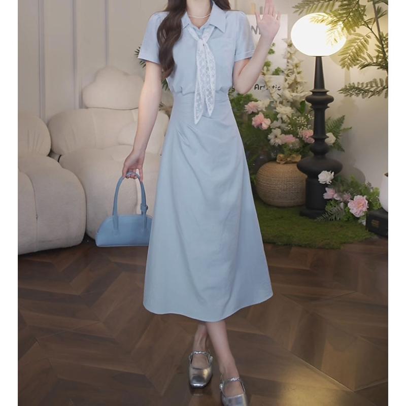 乐天商城 - ワンピース レディース 春夏 2点セット ショール ノースリーブ ロング丈 POLO襟 切り替え 傘スカート レース フェミニン 文艺風 レトロ フレンチ スタイル きれいめ 上品 清楚 着痩せ Aライン フレア 普段使い ブルー
