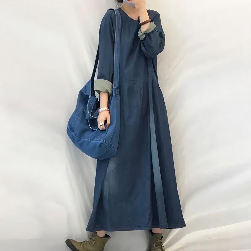 Other - ワンピース レディース 長袖 デニム Aライン 長丈 春秋 春夏 秋冬 韓国風 ゆったり 大きいサイズ 体型カバー スリム効果 膝下丈 スタックネック 金属糸布 羊毛混 30%以下 文学的 レトロ 香港スタイル 単品 ゆったりシルエット 日常使い 通勤