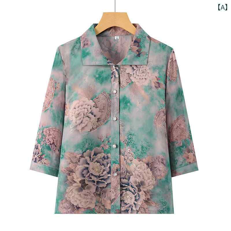 シャツ レディース トップス チュニック ブラウス ミセス ハイミセス シニア 婦人服 50代 花柄 七分袖 前開き 襟付き 薄手 涼しい ゆったり 体型カバー ポケット付き 通勤 カジュアル 綿 ポリエステル グリーン 紫 ピンク 春夏 remake-buddy-10583340 リメイクバディー サンプル画像2