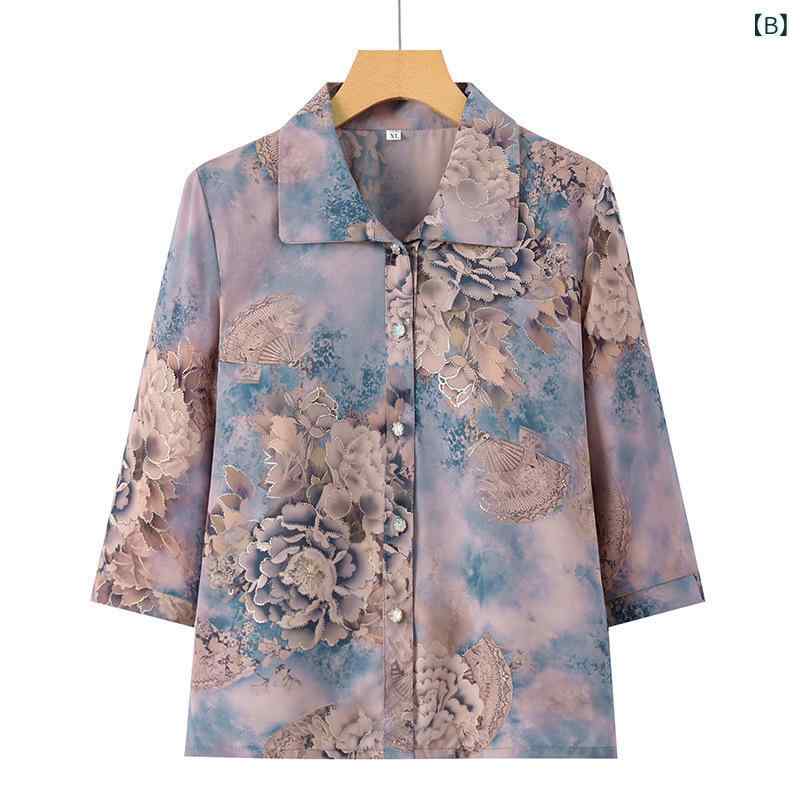 シャツ レディース トップス チュニック ブラウス ミセス ハイミセス シニア 婦人服 50代 花柄 七分袖 前開き 襟付き 薄手 涼しい ゆったり 体型カバー ポケット付き 通勤 カジュアル 綿 ポリエステル グリーン 紫 ピンク 春夏 remake-buddy-10583340 リメイクバディー サンプル画像3