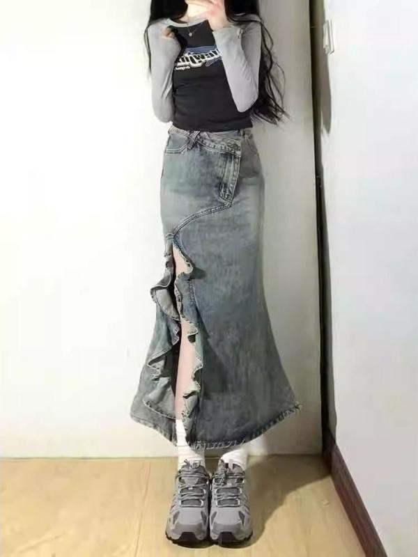 スカート レディース デニム ハイウエスト 魚尾スカート レトロ 不規則 切り替え アメカジ ストリート系 美脚 美尻 おしゃれ きれいめ カジュアル デニムスカート ロング丈 フレアスカート・カテゴリ: スカート・スタイル: デニム・素材: デニム・柄: 無地・デザイン: 不規則・スカートシルエット: 不規則・スカート丈: ミモレ丈・伸縮性: 微ストレッチ・加工: イージーケア・カラー: レトロブルー・サイズ展開: XS, S, M, L, XL, 2XL