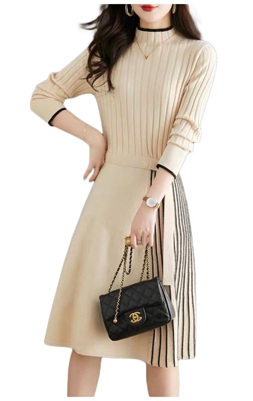 [Lilly chocolate] ニットワンピース レディース 長袖 冬 リブ 膝丈 きれいめ 通勤