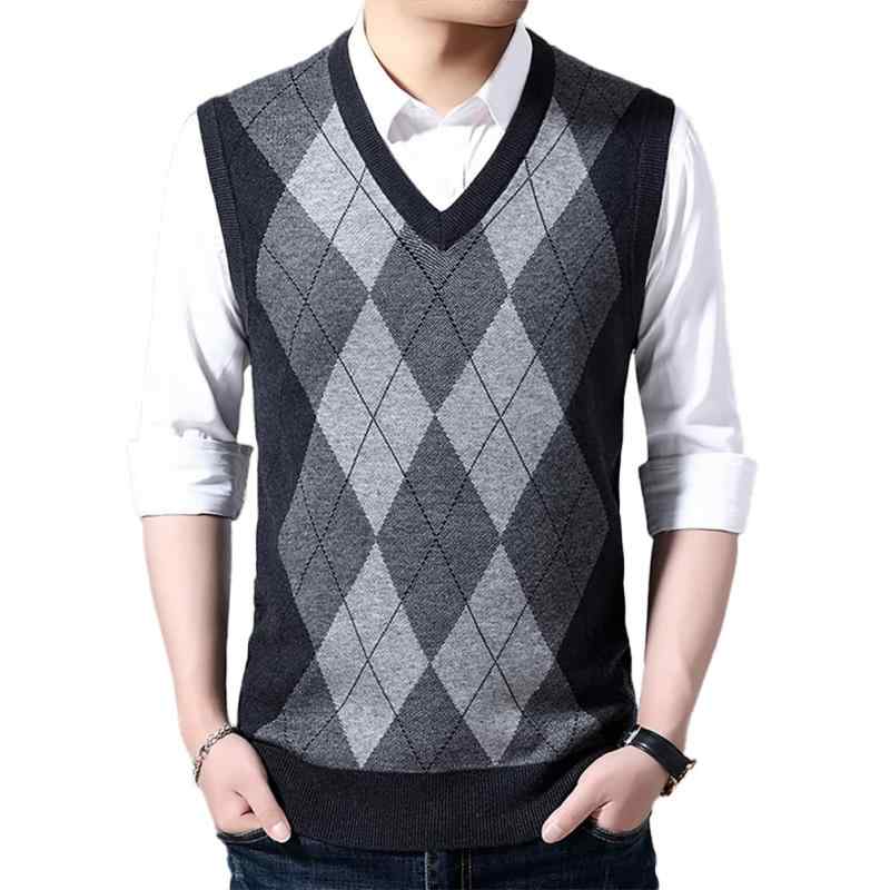 [Manatsulife] ニットベスト メンズ Vネック 菱形柄 柔軟 軽量 保温防寒 伸縮性 スリム 通勤 通学 ビジネス カジュアル 春秋冬 MB1810-