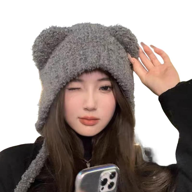Rakuten - [Lamerry] 猫耳 ニット帽 帽子 紐付き くま耳 地雷系 韓国 Y2K ビーニー ニットキャップ かわいい 防寒 スノボ 耳付き レディース