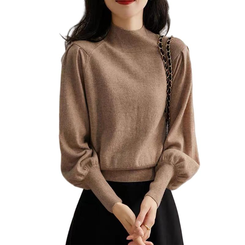 [Ishihara liacceai] ハイネック セーター レディース パフスリーブ ニット モックネック 長袖トップス ゆったり カットソー 肌触り 暖か 体型カバー 通勤 無地 秋 冬