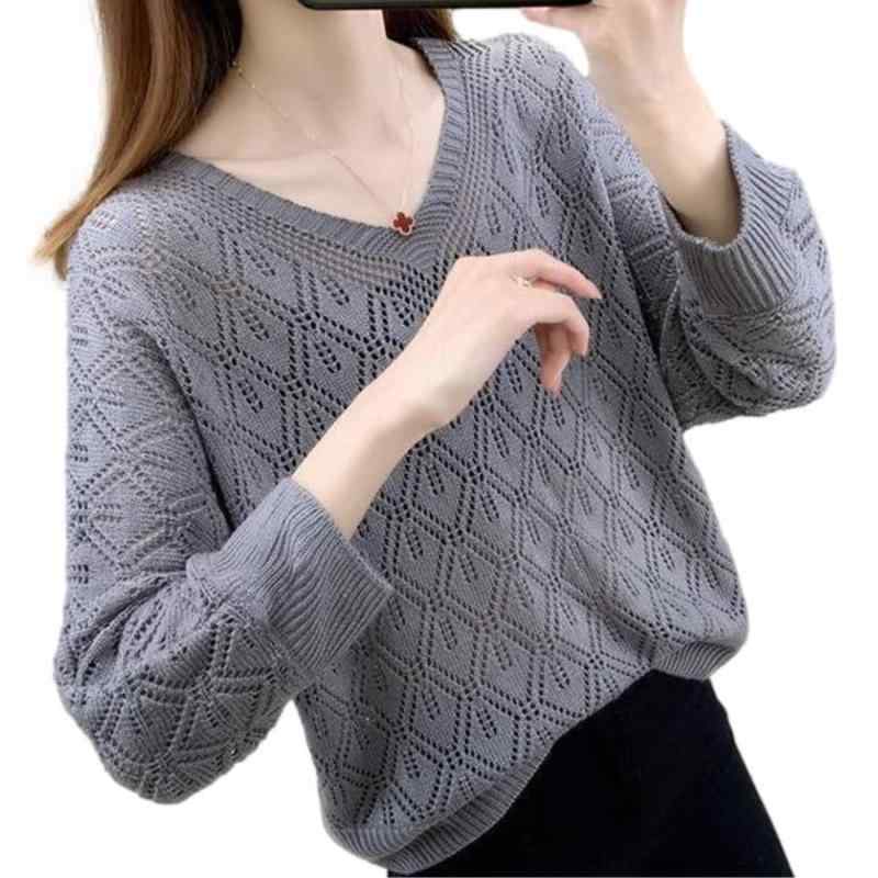 [Nestkanina] ニット 透かし編み 薄手 カットソー ゆったり シルエット 体型カバー 長袖 かわいい カラフル ストレッチ ゆる Vネック トップス 着やせ レディース TSHT021