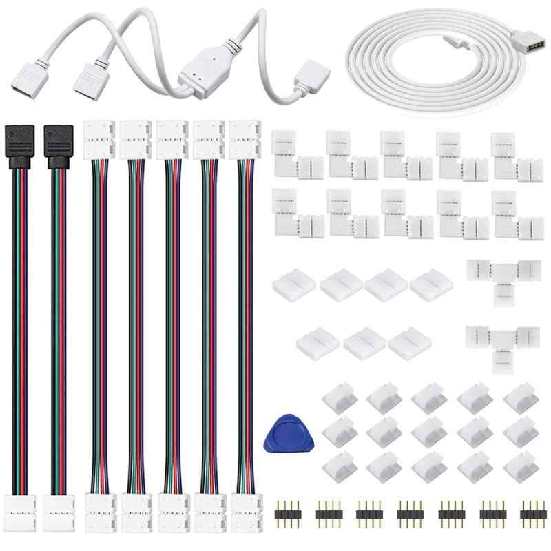 YFFSFDC LEDストリップライトコネクタ 4ピンコネクタ 10mm幅対応 SMD5050 RGB延長ケーブル 2分岐接続 ケーブル LED テープライトコネクタ ledテープ 簡単接続 耐高温性 耐久性 ライトストリップ用【工具不要・誰でも簡単接続】圧着やハンダ付けが不要指先でカチッと装着するだけの設計だから、女性や初心者の方でも安心してご利用いただけます。【高い汎用性で自由な配線】L字、T字、ツイスト接続に対応し、家具のすき間や曲面にもピッタリ。複数のLEDテープを自由に延長・分岐可能でDIY設置がもっとラクラク。【高品質素材で長持ち】銅導体＋絶縁プラスチック＋耐熱PBT素材を採用。発熱・錆び・劣化に強く、屋内外問わず長期間安定使用が可能です。【あらゆるシーンに活躍】寝室、テレビ台、PCデスク、キッチン、庭まで。LEDテープで空間を彩り、スマートで演出豊かなインテリアを簡単に実現できます。【セット内容】実用的な組み合わせセットで、1×2分岐接続ケーブル、1×100cm RGB延長ケーブル、2×RGBコントローラ準交換ジャンパ、5×拡張ケーブルジャンパ、10×L形接続器、2×T形接続器、7×クリアランスなしLEDバーコネクタ、7×4オスコネクター、1×マーチングツール、15×LEDライトベルト固定端子が含まれています。