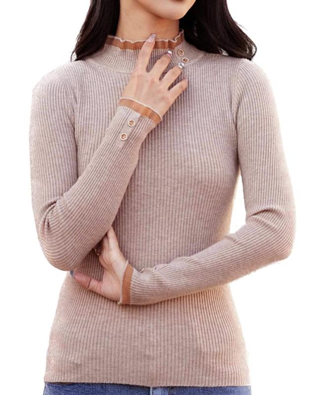 [アイカ] タイトニットセーター ニットソー ニットトップス ネックフリル ストレッチ リブニット ハイネック カシミアタッチ 長袖 無地 薄手 レディース