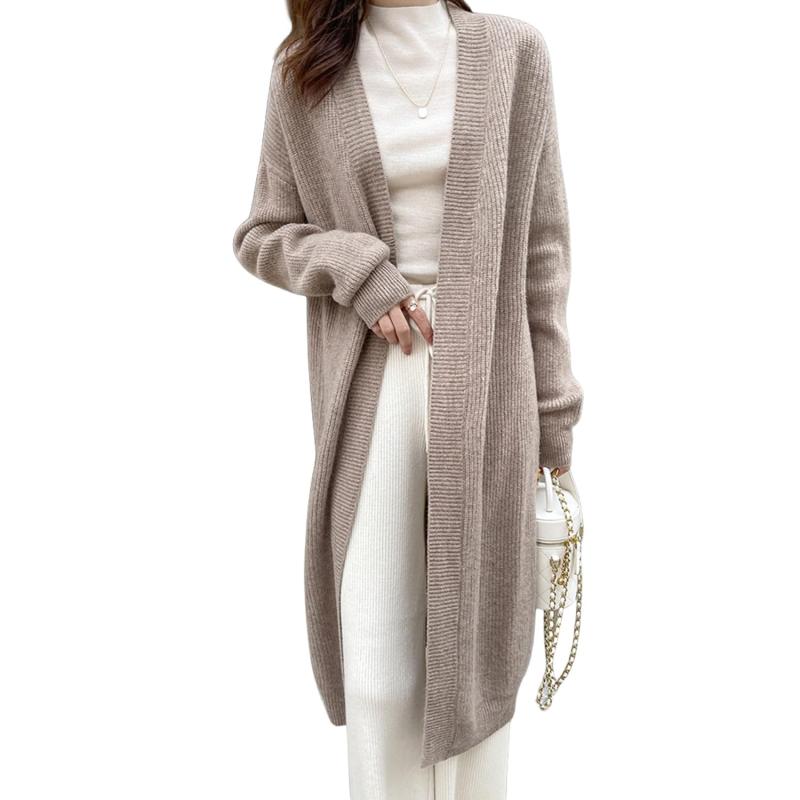 [AUSKY] カーディガン ニット ロング丈 L レディース 羽織 アウター Vネック トップス セーター やわらか 秋服 アウター 前開き カットソー おしゃれ 韓国 可愛い シンプル 伸縮性 無地 無地 秋