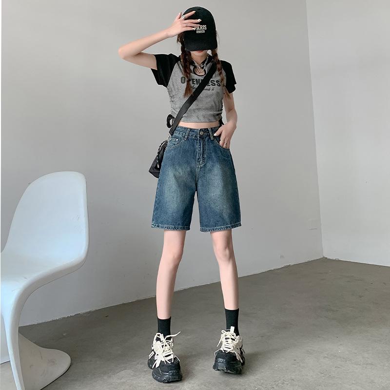ハーフパンツ レディース デニム 五分丈 ジーパン デニムパンツ ワイドパンツ ハイウエスト ボトムス ジーンズ ズボン 5分丈 クロップ..