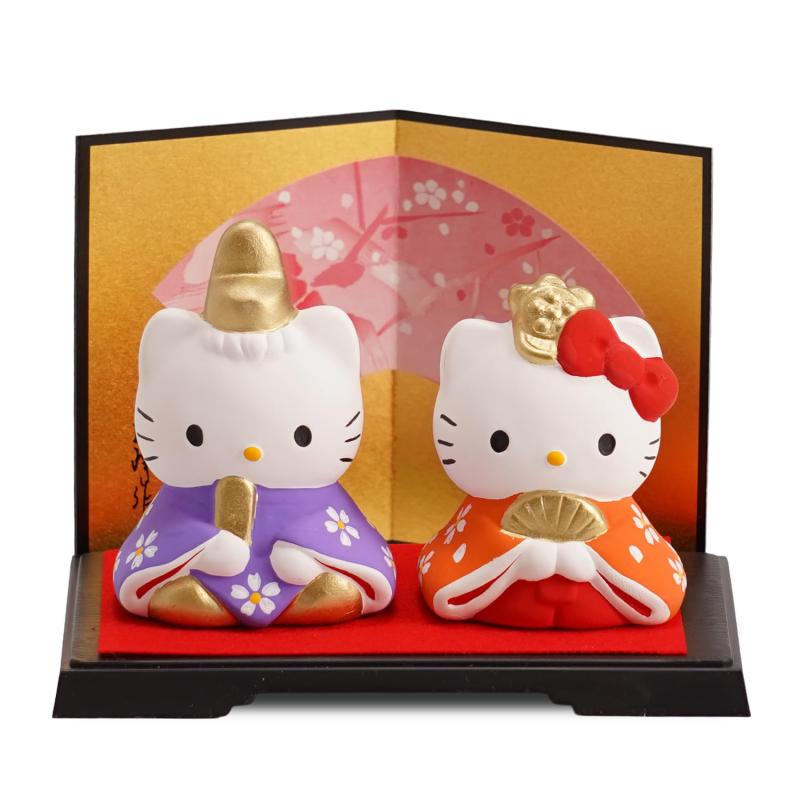 ふくべ屋 瀬戸焼 キティ 内裏雛 雛人形 陶器製 屏風・台座付き コンパクトサイズ ひな祭り 置物