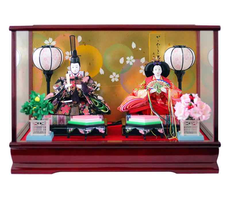 雛人形 ケース入り親王飾り かがやき雛 ワイン塗ガラスケース オルゴール付 間口48×奥行29×高さ33cm 193-238Z