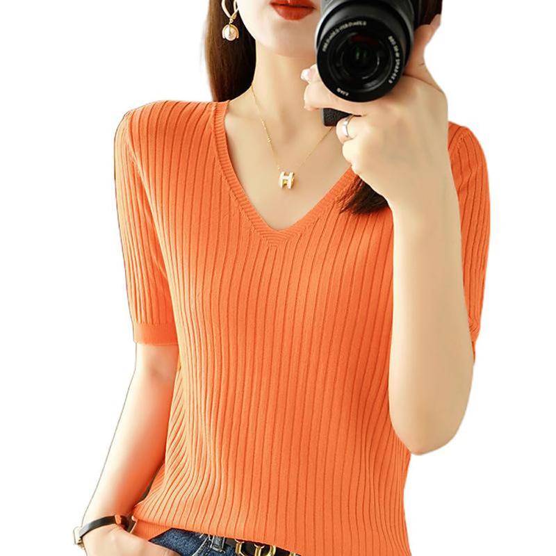 [Bolan Verl] レディース サマーニット 半袖 トップス 夏 ニット カットソー Vネック 薄手 接触冷感 リブ編み ストレッチ スリム インナー きれいめ 黒 白 女性