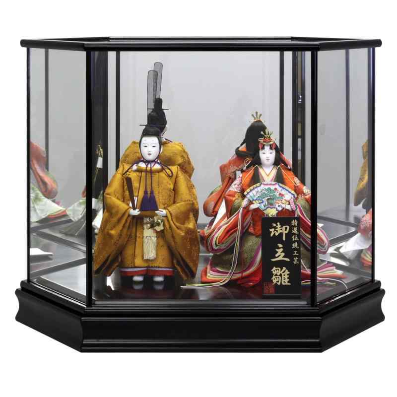 Case Display - 雛人形 ひな人形 立雛 立ち雛 立ち雛ケース飾り 親王ケース飾り ケース飾り 黄櫨染 横幅56×奥行40×高さ42.5cm 黒塗ガラスケース S665Z